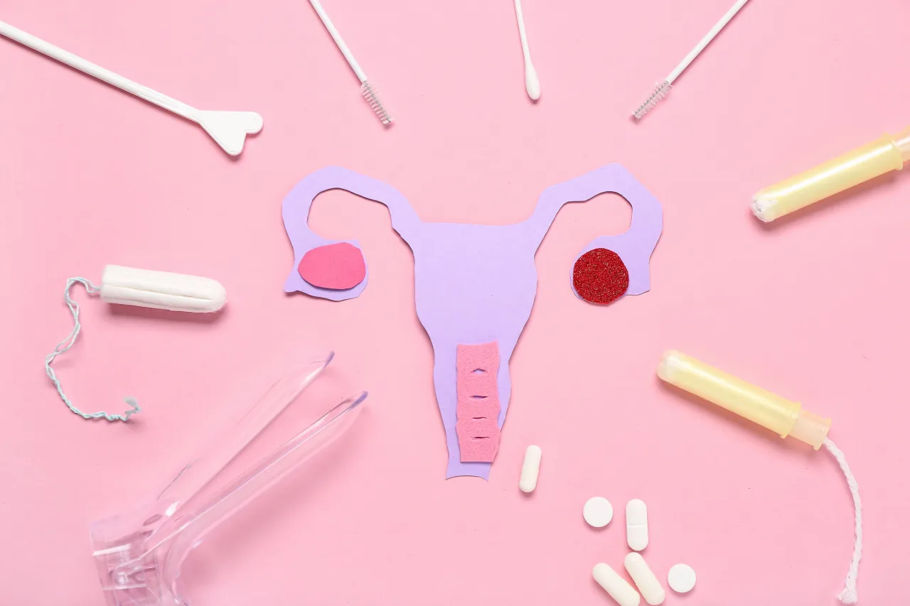 Paper uterus model with gynaecological healthcare items on a pink background 
